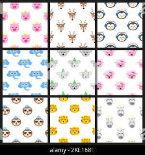 Set di motivi colorati senza cuciture con facce di animali da scarabocchio. Illustrazione Vettoriale