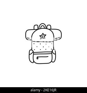 Doodle contorno campeggio o zaino da trekking isolato su sfondo bianco. Illustrazione Vettoriale