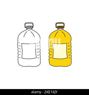 Contorno di Doodle e olio da cucina colorato in bottiglia di plastica isolata su sfondo bianco. Illustrazione Vettoriale
