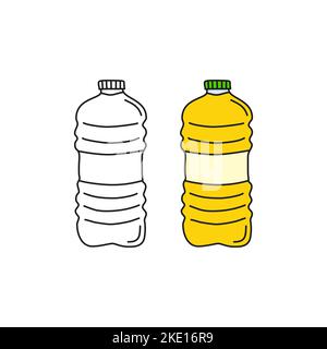 Contorno di Doodle e olio da cucina colorato in bottiglia di plastica isolata su sfondo bianco. Illustrazione Vettoriale