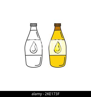 Contorno di Doodle e olio da cucina colorato in bottiglia isolato su fondo bianco. Illustrazione Vettoriale