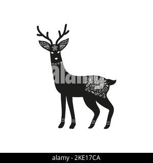 Daodle cervo nero con ornamento in stile d'arte popolare scandinavo isolato su sfondo bianco. Illustrazione Vettoriale