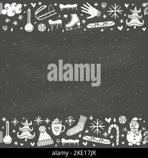 Poster con simpatici doodle icone invernali e simboli intorno. Illustrazione Vettoriale
