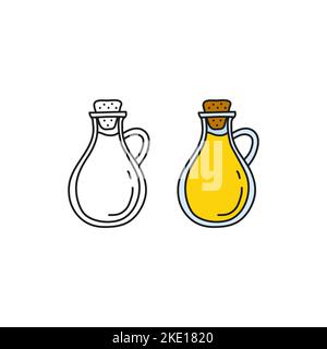 Contorno Doodle e olio colorato da cucina in vaso di vetro isolato su sfondo bianco. Illustrazione Vettoriale