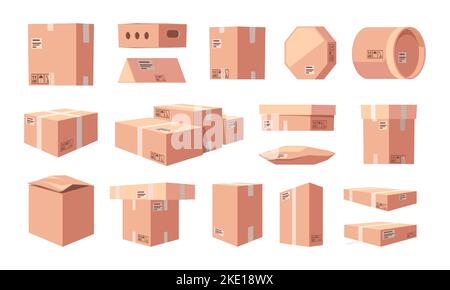 Scatole di cartone chiuse. Confezione di cartone pacco di carico, consegna contenitori di carta imballaggio spedizione mockups concetto di distribuzione. Illustrazione di un set isolato da vettori di pacchi di cartone Illustrazione Vettoriale