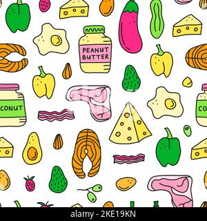 Modello senza cuciture con alimenti colorati di doodle per la dieta chetogenica compresi formaggio, carne, salmone, avocado, uova, burro, pancetta, lamponi. Carburatori bassi, hi Illustrazione Vettoriale