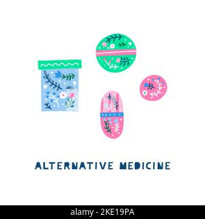 Bottiglia medica scandinava colorata doodle, pillole, compresse con ornamento floreale, fiori, erbe isolate su sfondo bianco. Perfetto per poster, ca Illustrazione Vettoriale