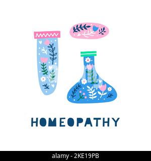 Coloratissimo borraccia scandinava, provetta, pillola medica con ornamenti floreali, fiori, foglie, erbe isolate su sfondo bianco. Alternativa Illustrazione Vettoriale