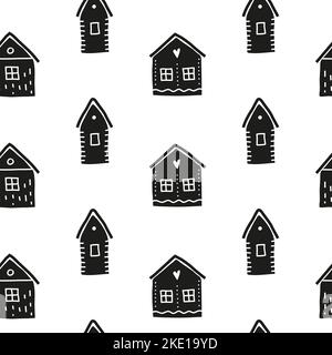Bianco e nero senza cuciture con le case dei doodle in stile scandinavo. Illustrazione Vettoriale