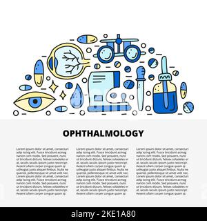 Modello di articolo con spazio per testo e icone oftalmologiche colorate doodle tra cui occhio, flacone di pipetta, cornea, occhiali medici, autorefrattometro Illustrazione Vettoriale