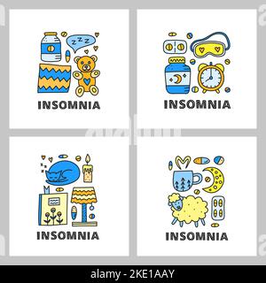 Carte con scritte e doodle insonnia colorata e le icone del tempo letto tra cui cuscino, orologio, pecora, luna, pillole, libro, gatto, maschera del sonno, orsacchiotto iso Illustrazione Vettoriale