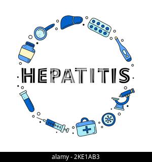 Icone mediche per epatite colorate Doodle tra cui fegato, microscopio, siringa, provetta, kit di pronto soccorso, loupe, virus composto a forma di cerchio. Illustrazione Vettoriale