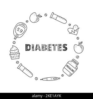 Poster con scritte e doodle delineare elementi per il diabete, tra cui penna per insulina, flacone, glucometro, cupcake, matraccio, mela, cuore isolato su bac bianco Illustrazione Vettoriale