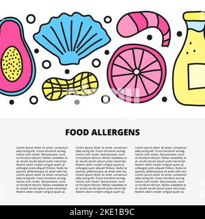 Modello di articolo con spazio per testo e doodle colorate allergeni alimentari icone tra cui papaia, arachidi, crostacei, agrumi, gamberi e latte in bot Illustrazione Vettoriale