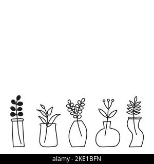Poster con spazio vuoto e doodle contorno piante selvatiche, erbe, rametti, bacche in vasi, pentole, vasi isolati su sfondo bianco. Illustrazione Vettoriale