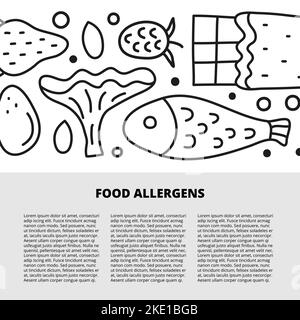 Modello di articolo con spazio per il testo e gli scarabei delineare le icone degli allergeni alimentari, tra cui uova, fragole, funghi finferli, lamponi, pesce, chocola Illustrazione Vettoriale