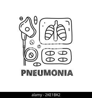 Le scritte e il gruppo di barbatoli delineano le icone della polmonite, inclusi i polmoni radiografici, il ventilatore icu, le pillole blister isolato su sfondo bianco. Illustrazione Vettoriale
