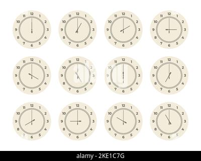 Ora impostata. Quadrante rotondo con numeri arabi romani, dodici elementi di quadrante display analogici che mostrano l'ora diversa. Raccolta con isolamento vettoriale Illustrazione Vettoriale