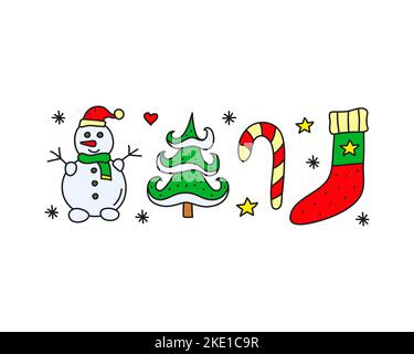 Gruppo di graziosi e colorati doodle Natale e Capodanno icone tra cui pupazzo di neve, abete, canna da zucchero, calzino, fiocchi di neve, cuori, stelle isolate su bianco b Illustrazione Vettoriale