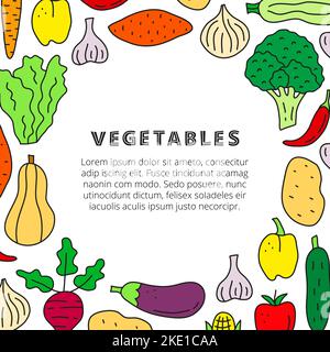 Poster con simpatici doodle colorate icone di verdure alimentari tra cui broccoli, aglio, cetriolo, patate dolci, cipolla, mais, barbabietola, zucchine, melanzane, butte Illustrazione Vettoriale