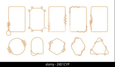 Bordo della corda. Cornice decorativa in filo con nodi marinai anse a cappio, intrecciato cordoncino di iuta marina forma rotonda quadrata. Set isolato da vettore di borde Illustrazione Vettoriale