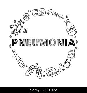 Doodle contorno icone polmonite tra cui alveoli, polmoni, sciroppo di tosse, ventilatore icu, pulsossimetro, termometro, virus, pillole composte in cerchio sha Illustrazione Vettoriale