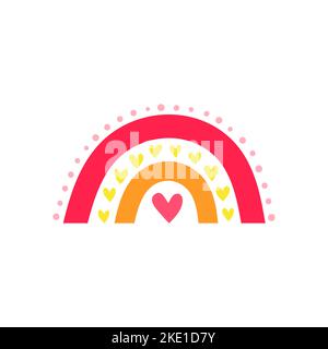 Carino colorato arcobaleno scandinavo con cuori per manifesti vivaio, arti per bambini, boho card, doccia bambino, tessuto isolato su sfondo bianco. Illustrazione Vettoriale