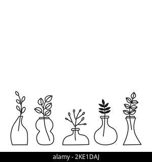 Poster con spazio vuoto e doodle contorno piante selvatiche, erbe, rametti, bacche in vasi, pentole, vasi isolati su sfondo bianco. Illustrazione Vettoriale