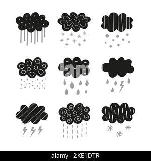 Set di carino nero Scandinavo piovoso, nevoso, nuvole tempesta per manifesti vivaio, arti per bambini, boho card, baby doccia, tessuto isolato su sfondo bianco Illustrazione Vettoriale