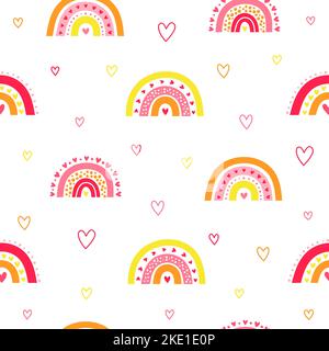 Cute bianco senza cuciture modello con colorati arcobaleni scandinavi e cuori per i vestiti di bambino, doccia del bambino, San Valentino s giorno, scrapbooking. Illustrazione Vettoriale
