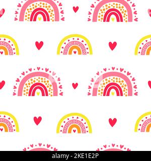 Cute bianco senza cuciture modello con colorati arcobaleni scandinavi e cuori per i vestiti di bambino, doccia del bambino, San Valentino s giorno, scrapbooking. Illustrazione Vettoriale