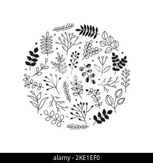 Semplice doodle nero e contorno rametti frondosi, erbe selvatiche, piante, bacche composte a forma di cerchio. Illustrazione Vettoriale