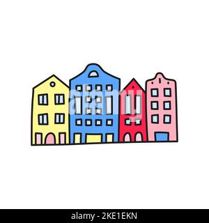 Doodle vecchie case colorate, negozi isolati su sfondo bianco. Via di case suburbane. Illustrazione Vettoriale