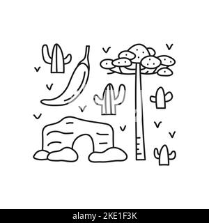 Gruppo di doodle delineano icone cilene tra cui peperoncino, albero di araucaria, grotta, cactus isolati su sfondo bianco. Illustrazione Vettoriale