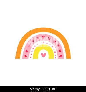 Carino colorato arcobaleno scandinavo con cuori per manifesti vivaio, arti per bambini, boho card, doccia bambino, tessuto isolato su sfondo bianco. Illustrazione Vettoriale