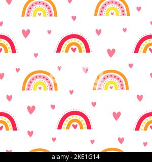 Cute bianco senza cuciture modello con colorati arcobaleni scandinavi e cuori per i vestiti di bambino, doccia del bambino, San Valentino s giorno, scrapbooking. Illustrazione Vettoriale