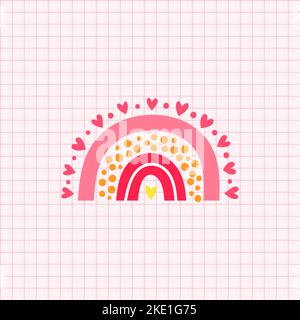 Carino colorato arcobaleno scandinavo con cuori per manifesti vivaio, arti per bambini, boho carte, doccia bambino, tessuto isolato su sfondo carta grafico Illustrazione Vettoriale