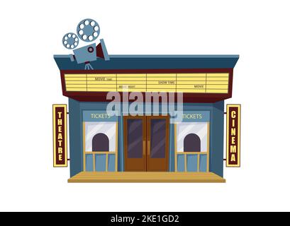 Illustrazione vettoriale edificio cinema isolata su sfondo bianco. Cinema e offre vista esterna in stile piatto. Illustrazione Vettoriale