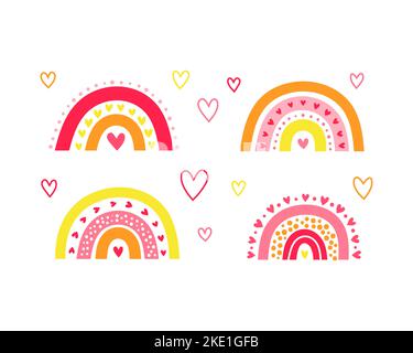 Set di graziosi arcobaleni scandinavi colorati con cuori per bambini vivai poster, carte bohémien, baby doccia initations, abbigliamento per bambini e Valentin Illustrazione Vettoriale