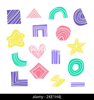 Set di forme e figure astratte a righe geometriche, tra cui triangolo, cerchio, quadrato, stella, cuore isolato su sfondo bianco. Illustrazione Vettoriale