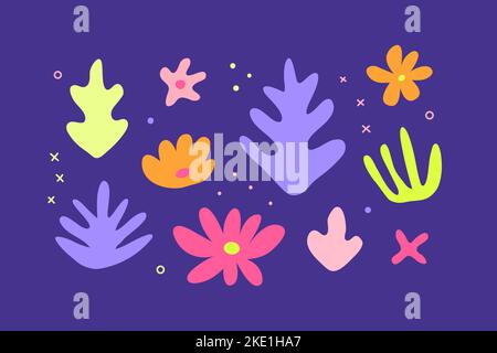 Set di semplici doodle colorate foglie tropicali e fiori isolati su sfondo viola. Carino poster moderno. Illustrazione Vettoriale