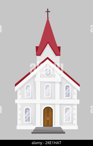 Chiesa cattolica bianca con tetto rosso isolato su sfondo grigio. Illustrazione del vettore isolato. Illustrazione Vettoriale