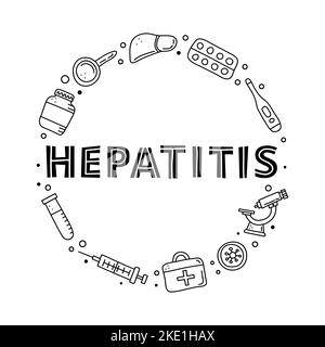 Doodle delineano le icone mediche dell'epatite che includono fegato, microscopio, siringa, provetta, kit di pronto soccorso, loupe, virus composto a forma di cerchio. Illustrazione Vettoriale