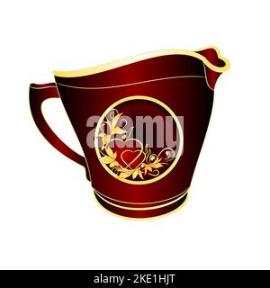 Caraffa di latte in porcellana nera e rossa ornamento cuore e foglie su sfondo bianco vintage vettoriale illustrazione modificabile mano disegno Illustrazione Vettoriale