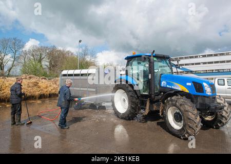 Lavaggio e disinfezione dei rimorchi utilizzati per il trasporto di bestiame sul mercato di Carmarthen Foto Stock