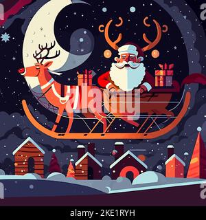 Un'illustrazione vettoriale del Babbo Natale che porta i regali sulla sua slitta delle renne Illustrazione Vettoriale