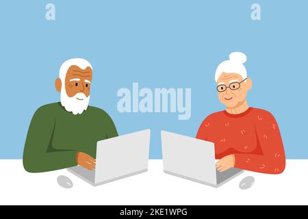 Uomo e donna di famiglia senior dai capelli bianchi, con notebook e spazio per il testo. Illustrazione Vettoriale