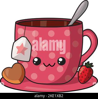 Un carino kawaii personaggio cartone animato di una tazza macchiata sorridente con tè su sfondo bianco Illustrazione Vettoriale
