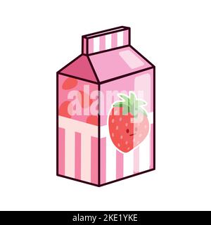 Un carino kawaii personaggio cartone animato di una scatola di latte al gusto di fragole su sfondo bianco Illustrazione Vettoriale