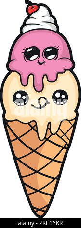 Un carino kawaii carattere cartone animato di gelato con sapori di fragola e vaniglia su uno sfondo bianco Illustrazione Vettoriale